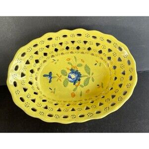 Vintage Hand Painted Lattice Ceramic Basket 10" Yellow Signed France RARE